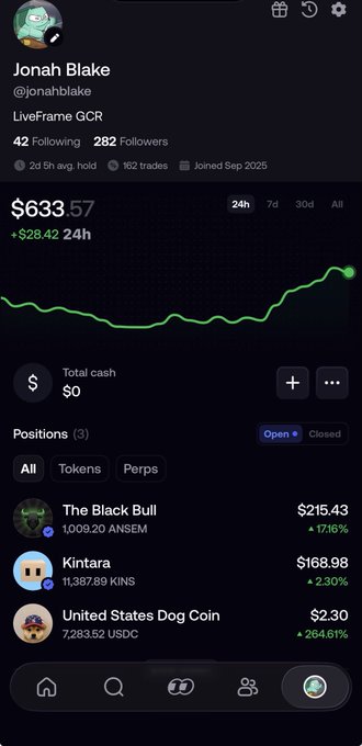 The image shows a trading portfolio screenshot for user "Jonah Blake" (@jonahblake) on LiveFrame, displaying a balance of $633.57 (up $28.42 in 24h) with three positions: "The Black Bull" ($215.43, +17.16%), "Kintara" ($168.98, +2.30%), and "United States Dog Coin" ($2.30, +264.61%)—reflecting the user's surprise at receiving an unexpected USDC coin transfer while beginning their trading journey on the platform.