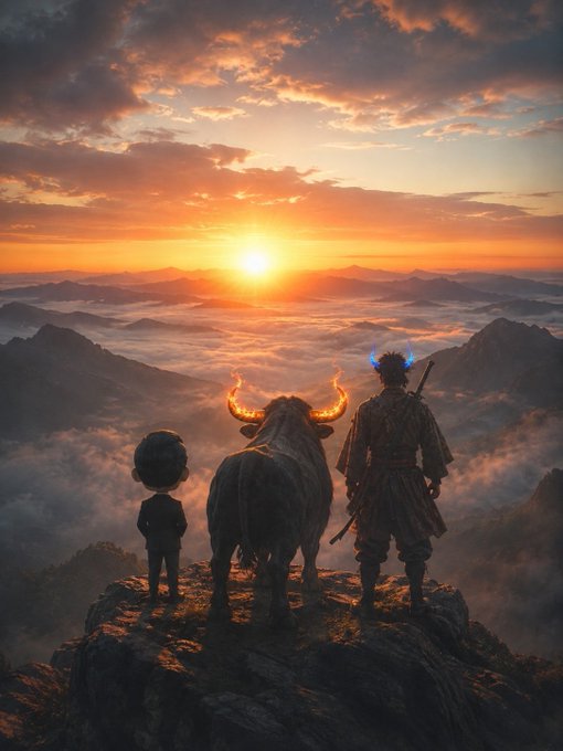 A digital artwork showing three figures—a small child, a glowing-horned bull, and a warrior—standing on a cliff, looking out over a sea of clouds at a sunset.
