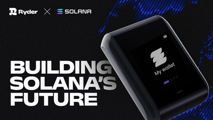 The image is a promotional graphic with a dark background featuring the "Ryder" logo next to the "Solana" logo in the top left corner, alongside a sleek hardware wallet device displaying "My wallet" on its screen. The bold tagline reads "BUILDING SOLANA'S FUTURE," visually reinforcing the post's announcement about Ryder developing a native C++ SDK to support Solana's ecosystem, particularly for embedded systems and hardware wallets.