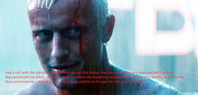 A close-up image of a distressed-looking man with text overlay reading 'had a call with the admins of this group chat today... they promised me riches... they promised to satiate my dopamine receptors till nirvana... they promised me clarity... they promised me i should get on the fudding waitlist or it's over for me and my family'.