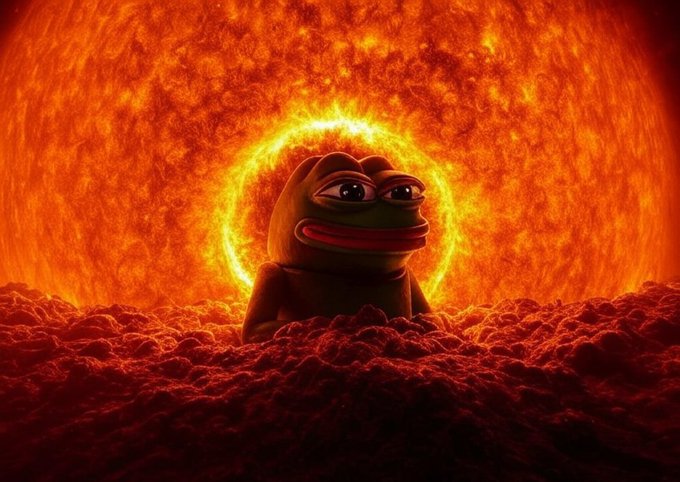 A dramatic image of the Pepe the Frog meme character positioned in front of a fiery orange sun-like sphere, appearing to sit on red textured terrain resembling the surface of Mars.