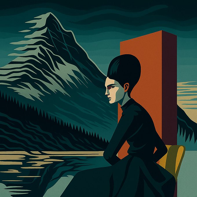 A contemplative figure sits in profile against a stylized landscape featuring a snow-capped mountain, layered evergreen forests, and a reflective lake, with a striking orange monolith rising behind them. The artwork, titled "Monolith," is presented as a 1-of-1 NFT piece on the Tezos blockchain (objkt.com).