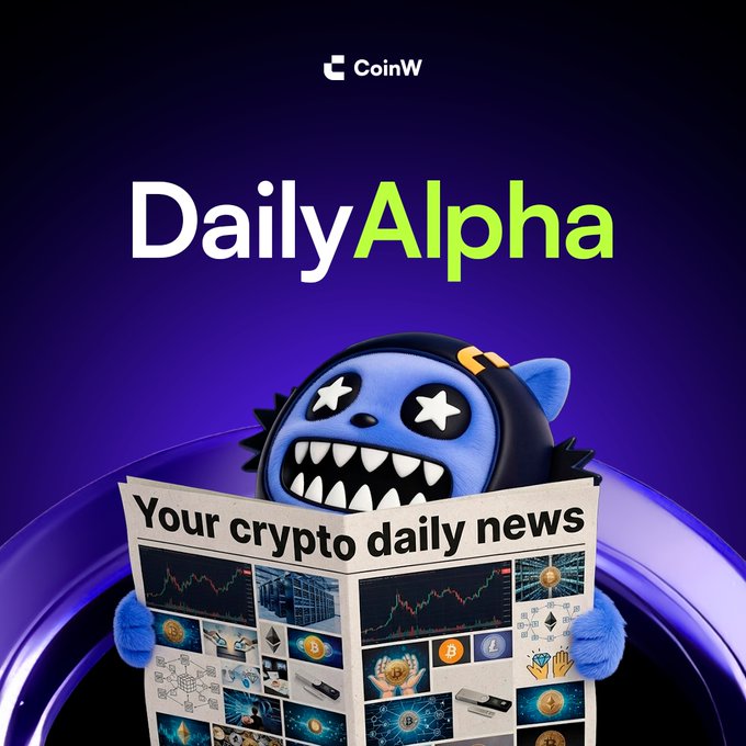 A CoinW promotional graphic for 'Daily Alpha' featuring a blue cartoon character with star eyes reading a newspaper titled 'Your crypto daily news' filled with crypto-related imagery.