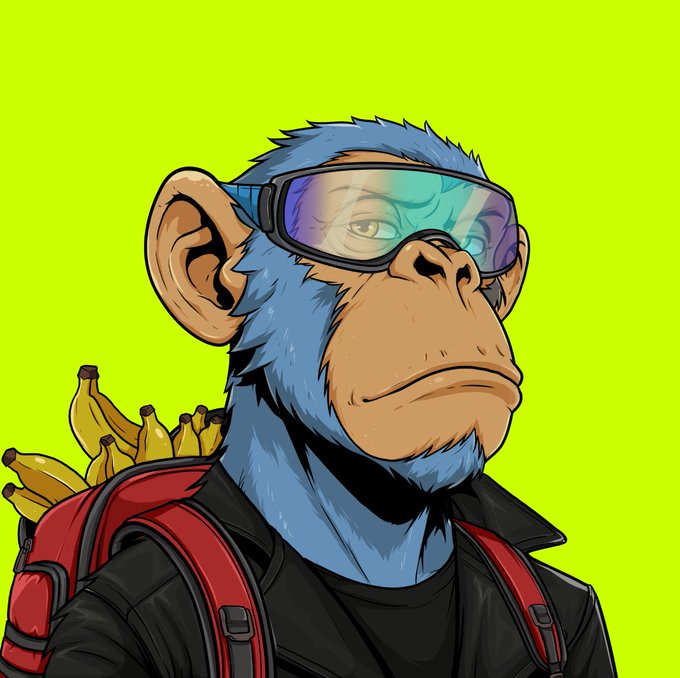 An illustrated cartoon image shows a blue-furred monkey character wearing futuristic rainbow-tinted visor sunglasses and a black jacket, carrying a red backpack filled with bananas against a bright yellow-green background.