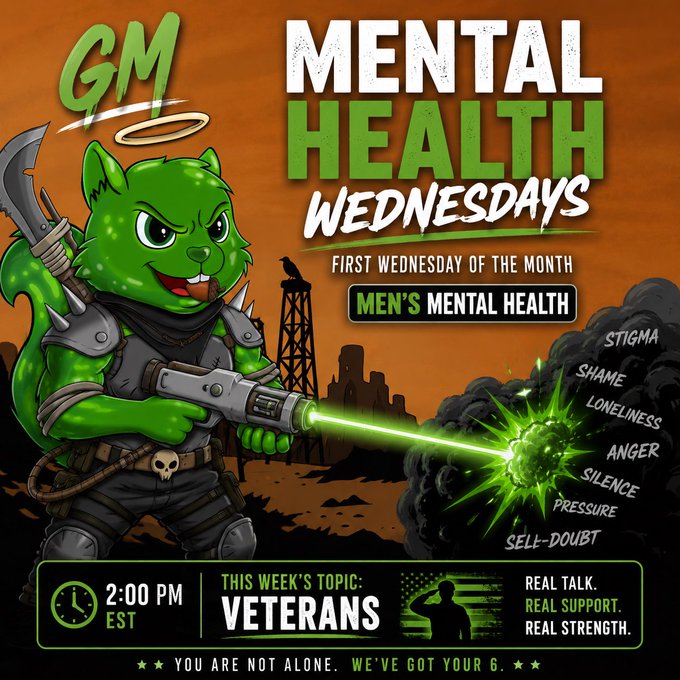 Promotional graphic for 'GM Mental Health Wednesdays' featuring a green armored cat mascot shooting a laser at dark smoke labeled with stigma, shame, loneliness, anger, silence, pressure, and self-doubt, with this week's topic being Veterans at 2:00 PM EST.