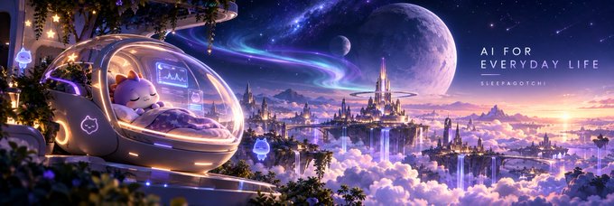 A fantasy sci-fi illustration featuring a cute character in a futuristic capsule pod overlooking a floating castle city among the clouds, with the text 'AI FOR EVERYDAY LIFE SLEEPAIOOTCHI'.