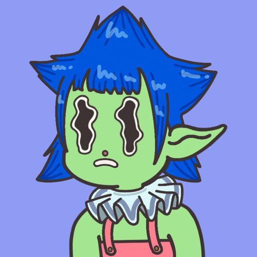 A cartoon illustration of a green-skinned character with spiky blue hair, elf-like ears, and streaming black tears against a purple background.