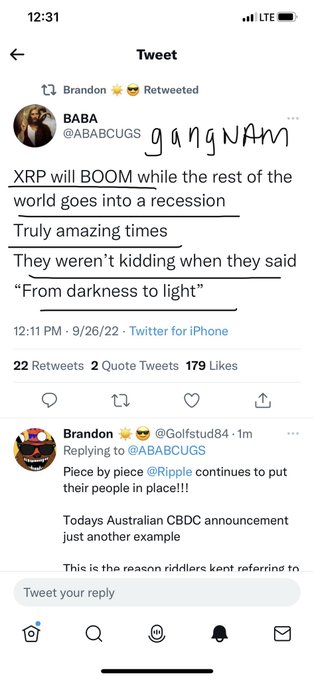 A screenshot of a retweeted post by "Brandon @ABABCUGS" that reads, "XRP will BOOM while the rest of the world goes into a recession. Truly amazing times. They weren't kidding when they said 'From darkness to light'," followed by a reply from @Golfstud84 referencing Ripple and an Australian CBDC announcement.