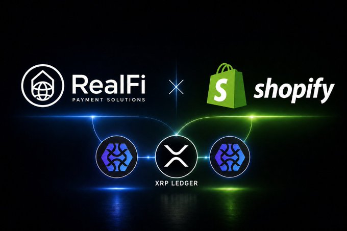 The image features three logos, each representing a different company or service related to payments and commerce. The logos are arranged vertically against a black background with blue and green lights illuminating them. The first logo represents RealFi, an online payment solutions company that has recently joined forces with Shopify to develop a new payment application for global e-commerce. The second logo is the Shopify logo, which signifies their partnership in creating a payment solution specifically designed for online retailers. The third logo represents Ripple Ledger technology, showcasing their collaboration on developing a ledger-based payment system.