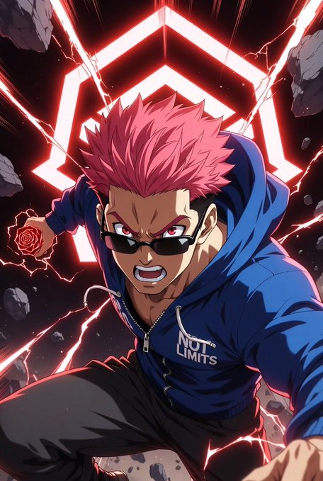 An anime-style illustration of a spiky red-haired character wearing sunglasses and a blue 'NO LIMITS' hoodie, posed dynamically in front of glowing red geometric shapes and rocky debris.