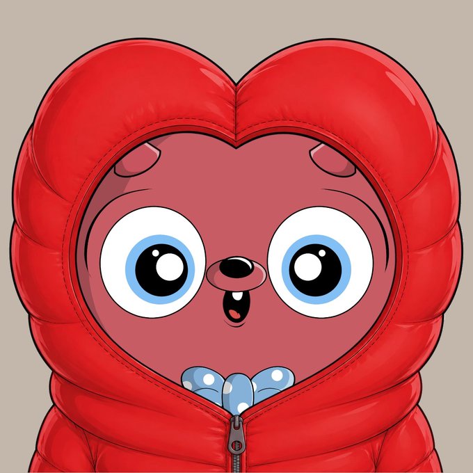 A cartoon illustration of a cute brown creature with large blue eyes peeking out of a puffy red puffer jacket.