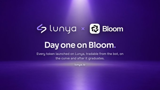 A promotional graphic announcing 'Day one on Bloom' featuring the logos for Lunya and Bloom against a purple background.