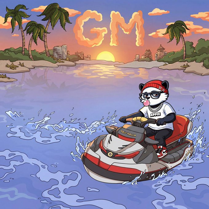 A digital cartoon illustration features a panda character wearing glasses and a red beanie riding a red and white jet ski, with the word 'GM' formed by clouds at sunset.
