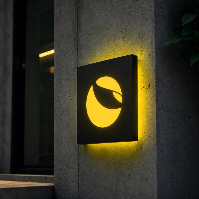A square, black illuminated sign featuring a yellow stylized logo glows brightly as it is mounted on a textured gray concrete wall at night.