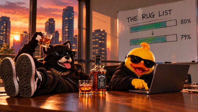 Two figures wearing mascot heads (a black dog with sunglasses and a gold chain, and a yellow duck with sunglasses) sit at a table with whiskey, while a whiteboard behind them displays "THE RUG LIST" showing a drop from 80% to 79%.