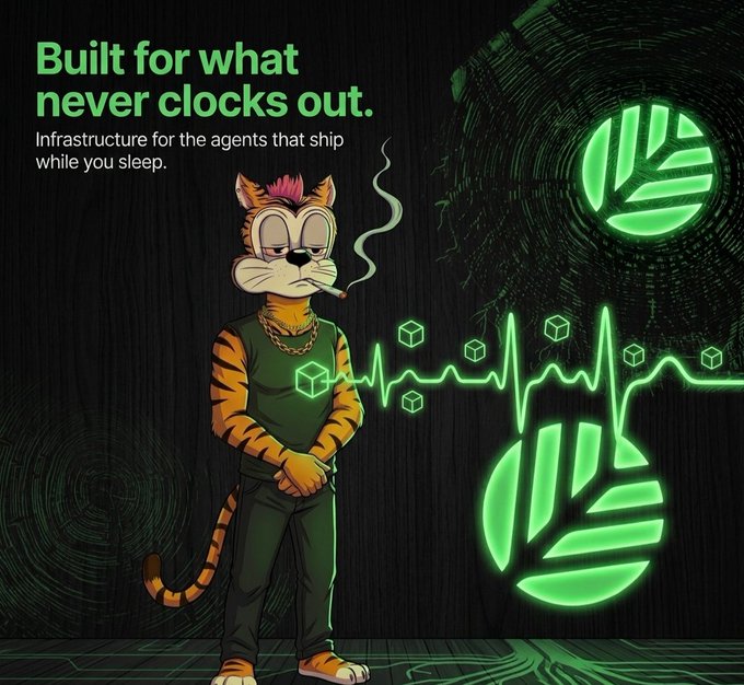A stylized cartoon tiger with a pink mohawk smokes a cigarette next to glowing green logos and a heartbeat-style data wave, with the headline "Built for what never clocks out" and tagline "Infrastructure for the agents that ship while you sleep." The image visually reinforces the post's pitch for dedicated blockchain infrastructure, depicting an "always-on" mascot suited for 24/7 agent-driven apps rather than shared networks.