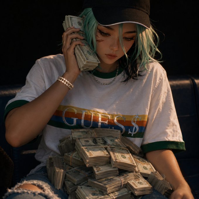 A stylized portrait of a young woman with teal hair wearing a black cap and a 'GUESS' t-shirt, holding stacks of cash to her ear with more money piled on her lap.