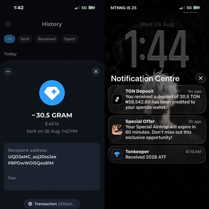 Two iPhone screenshots showing a TON cryptocurrency transaction of -30.5 GRAM ($43.14) and a Notification Centre with alerts including a 'TON Deposit' for 30.5 TON credited to a Spenda wallet.