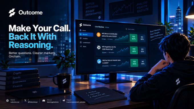 A person works at a laptop in a modern high-rise office overlooking a nighttime city skyline, with a large monitor displaying Outcome's live markets platform featuring prediction markets such as "Will Bitcoin hit $100,000 before the end of 2025?" (Yes 62%, No 38%) and "Will Argentina win the 2026 World Cup?" (Yes 48%, No 52%). The scene visually reinforces the post's message about approaching markets with clear reasoning, showing a trader studying data, charts, and theses—exemplified by the notepad reading "1. Available. 2. Field. 3. Place the call"—rather than speculation.