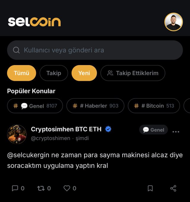 Screenshot of the Selcoin social media app showing a trending feed in Turkish with a post from "Cryptosimhen BTC ETH" (@cryptosihmen) asking "@selcukergin" about when they will get a money-counting machine, with tags for "Genel" (8107), "# Haberler" (903), and "# Bitcoin" (513).