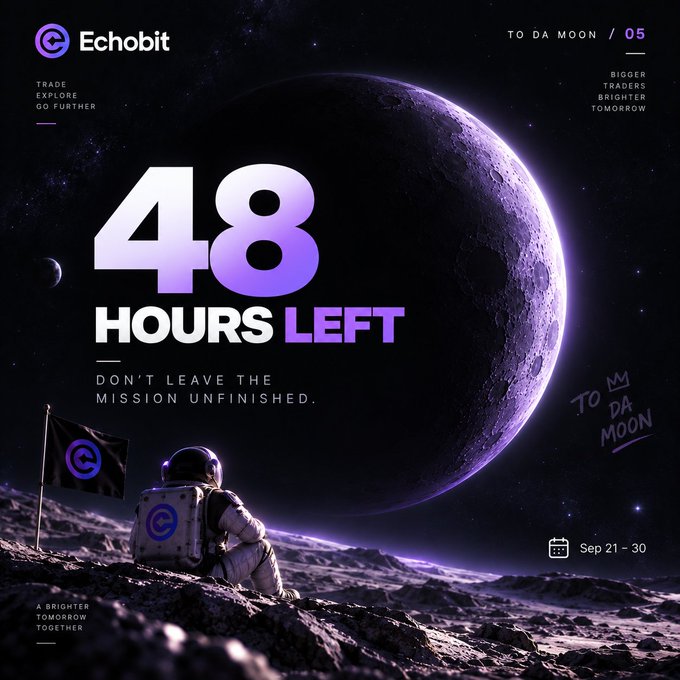 An Echobit advertisement showing an astronaut planting a flag on the moon, with '48 HOURS LEFT' countdown and 'TO DA MOON' text for an event from Sep 21-30.