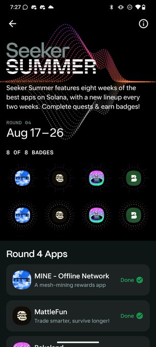 A mobile app screen displaying 'Seeker SUMMER' Round 04 (Aug 17-26) with 8 of 8 badges and Round 4 Apps list including 'MINE - Offline Network' and 'MattleFun' marked as Done.