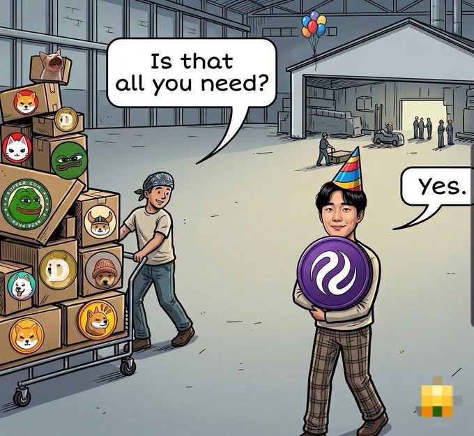 A cartoon scene in a warehouse where a worker pushing a cart of meme coin boxes asks 'Is that all you need?' to a person in a party hat holding a purple token and responding 'Yes.'
