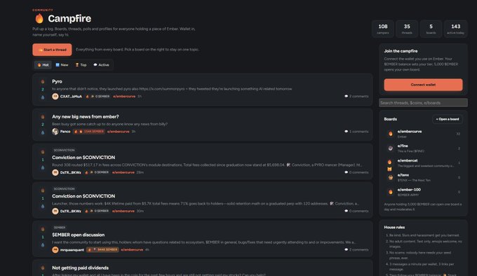 A Lemmy community page called 'Campfire' focused on Ember/Wallet discussions, showing 108 users, 35 posts, 5 comments, and 143 activity, with various threads including 'Pyro', 'Conviction on $CONVICTION', and '$EMBER open discussion'.