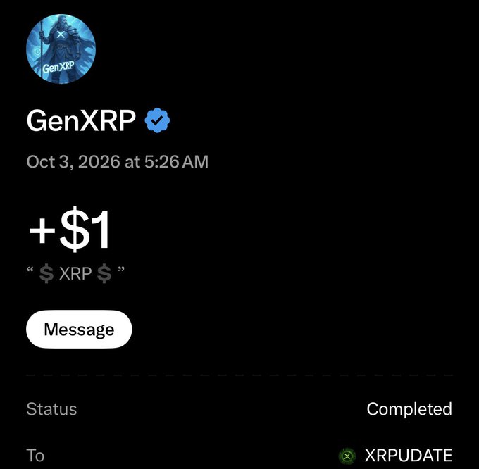 A Twitter/X screenshot shows a verified user named GenXRP posting '+$1' with the caption '$XRP$' sent via DM to XRPUPDATE, marked as Completed.