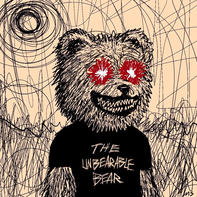 A sketch-style illustration of a menacing bear with red, bloodshot eyes and sharp teeth wearing a black shirt that reads 'THE UNBEARABLE BEAR'.