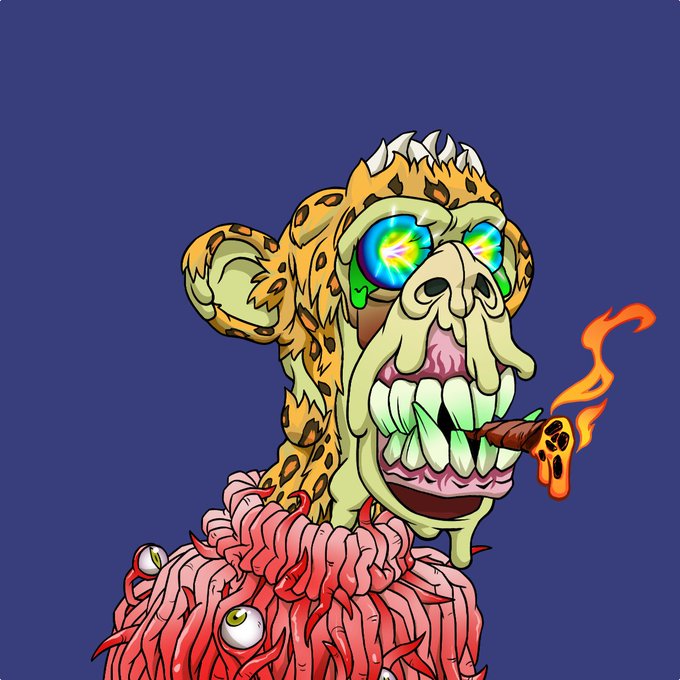 An illustration of a grotesque monster with leopard-print fur, glowing rainbow eyes, a wide toothy grin smoking a spliff, and a body made of pink intestines.