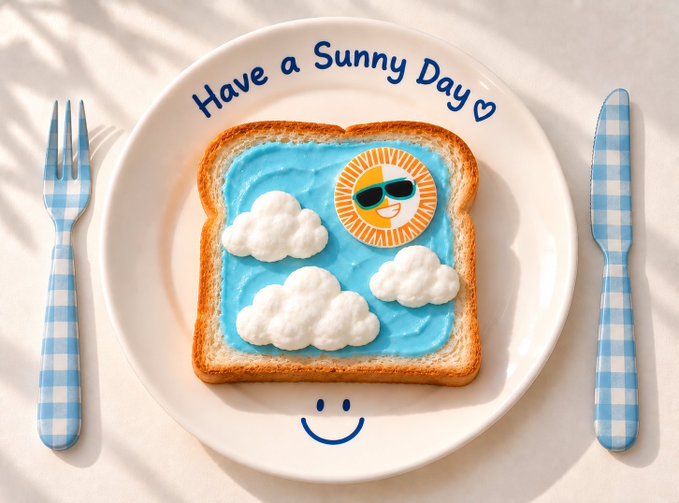 A cheerful food presentation featuring a piece of toast with blue cream, white cloud-shaped cream decorations, and a smiling sun wearing sunglasses on a white plate that reads 'Have a Sunny Day ♡', with a smiley face at the bottom, flanked by blue gingham-patterned utensils.