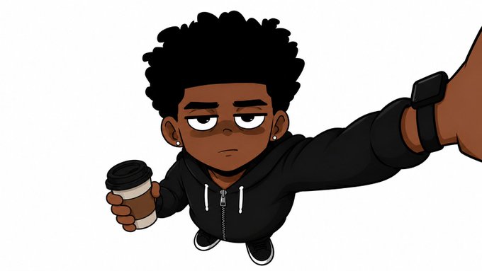 A cartoon character with an afro, wearing a black hoodie and smartwatch, holds up a coffee cup while looking bored—mirroring the post's "life update" announcement of graduating, passing an external defense, and returning after a break with a refreshed profile pic.
