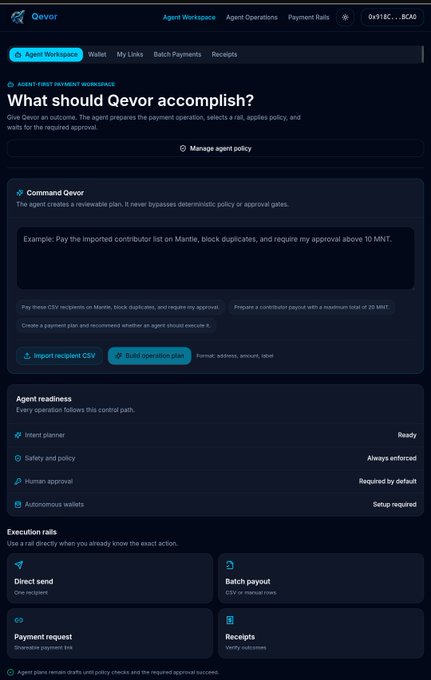 The image shows a screenshot of an Agent Management dashboard from Qevor, which displays information about the live status of the Agent Manager application. The dashboard provides details such as whether the Agent Manager is live or not, the agent's identity, and the status of the payment gateway. It also includes instructions on how to use the Agent Manager and a list of available features for agents.