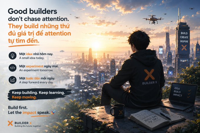 A motivational graphic titled 'Good builders don't chase attention' featuring text in English and Vietnamese about building value, with an illustration of a person overlooking a futuristic city with a drone and buildings labeled 'BUILD CREATE INSPIRE' and 'BUILDER X'.