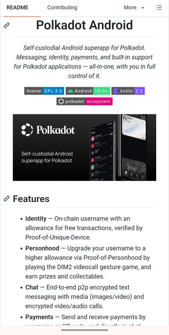 A GitHub README page for 'Polkadot Android', a self-custodial Android superapp for Polkadot featuring messaging, identity, payments, and built-in support for applications.