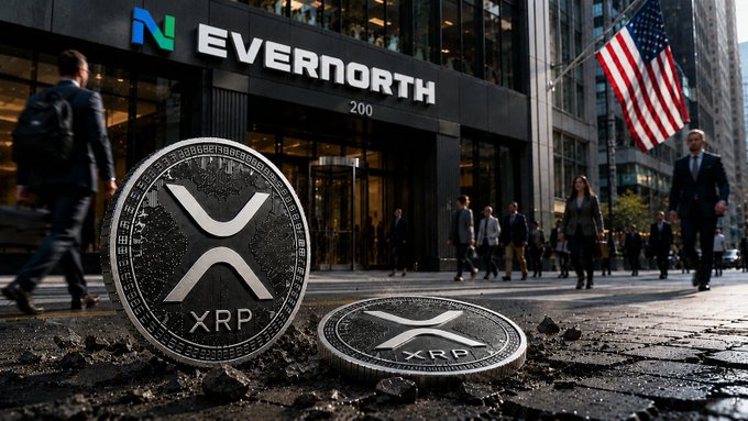 Two large XRP (XRP) cryptocurrency coins lie in cracked pavement in front of the Evernorth building at 200, with businesspeople and an American flag visible in the background.