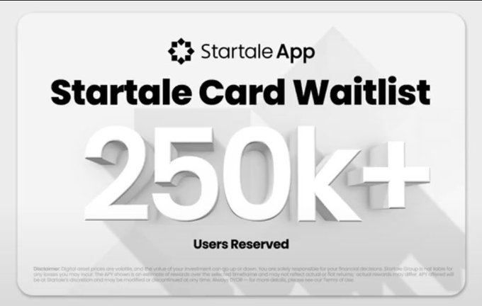 A promotional graphic for the 'Startale App' displaying 'Startale Card Waitlist' with large text reading '250K+ Users Reserved' against a light gray background.