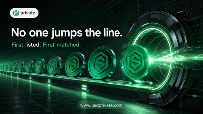 A promotional banner for the "private" platform featuring a row of glowing green coins entering a futuristic machine, with the tagline "No one jumps the line. First listed. First matched." and the URL www.usdprivate.com.
