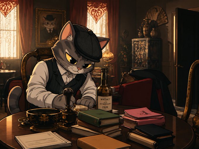 An animated cat wearing a flat cap and vest sits at a desk with a whisky bottle labeled 'WHISKY 1920', surrounded by books, papers, and a teacup in a vintage, warmly lit study.
