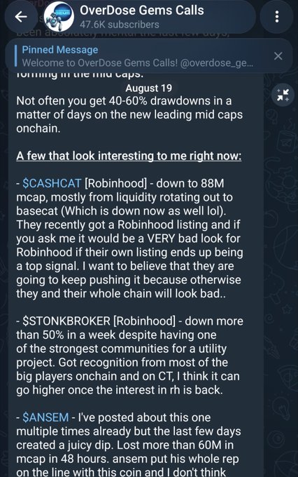 A Telegram post from "OverDose Gems Calls" (47.6K subscribers) discusses recent crypto drawdowns, noting $CASHCAT down to 88M mcap, $STONKBROKER down 50%+ despite strong community support, and $ANSEM losing 60M+ mcap in 48 hours, dated August 19. The caption relates to the post by highlighting the timing of $CASHCAT's entry, aligning with the channel's mention of it being a standout mid-cap opportunity despite the broader 40-60% drawdowns across the space.