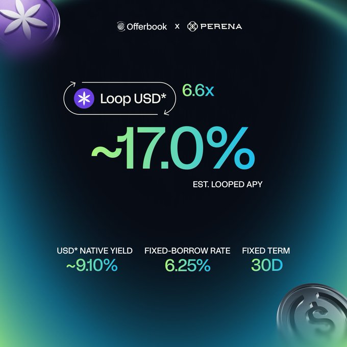 This image advertises "Loop USD*" with an estimated 17.0% APY, achieved through Offerbook and Perena. The accompanying post highlights the success of USD* on Jupiter Offerbook and encourages looping liquidity to earn up to 17% APY.