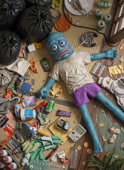 A blue, zombie-like figure lies sprawled on a cluttered floor surrounded by trash bags, empty cans ("Snickers"), a Game Boy, cassette tapes, and scattered debris, capturing the exhausted, defeated state of a millennial rejected from the Ferdybet presale application.