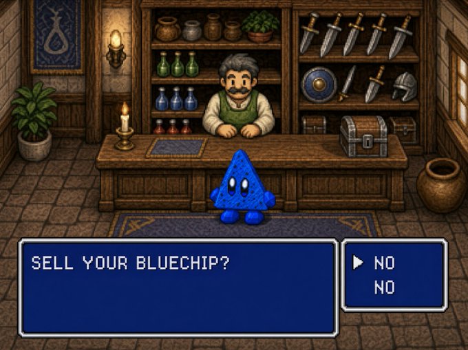 A pixel art video game scene showing a shopkeeper behind a counter filled with weapons and potions, with a blue triangular character in front; a dialogue box reads 'SELL YOUR BLUECHIP?' with menu options 'NO NO'.