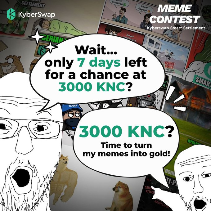 The image features a man with glasses, possibly a geeky character or a meme creator, surrounded by various images of people making Smart Settlement memes. The text in the image reads "Time to turn my memories into gold! Wait... only 7 days left for a chance at 3000 KNC?". This suggests that there is a contest going on where participants need to create and share their own Smart Settlement memes within a limited time frame, with the hope of winning a prize or gaining recognition.
