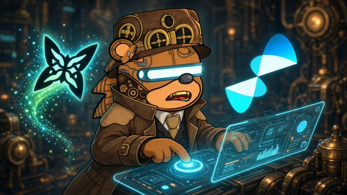 A digital illustration depicts a steampunk-style bear character wearing goggles and a top hat, operating a futuristic holographic interface alongside a butterfly icon and the Cardano logo.