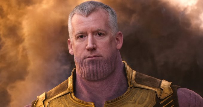 A digitally altered image of Paul Atreides from Dune edited to have a head resembling a football placed on a muscular body wearing golden armor.