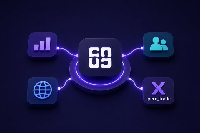 A digital illustration showing a central app icon connected by glowing purple lines to four surrounding icons: analytics, users, a globe, and an 'X' logo with 'perx_trade' text.