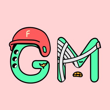 An illustration spelling 'GM' with stylized cartoon letters wearing a red 'F' baseball cap and other accessories against a pink background.