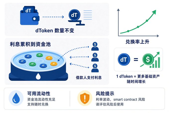 Chinese infographic explaining that depositing into a Gearbox Protocol Liquidity Pool keeps the number of Diesel Tokens (dTokens) unchanged while interest accumulates in the pool, increasing their value over time. It emphasizes sufficient available liquidity, warns of interest-rate volatility and smart-contract risk, and notes that 1 dToken can appreciate with more underlying assets.